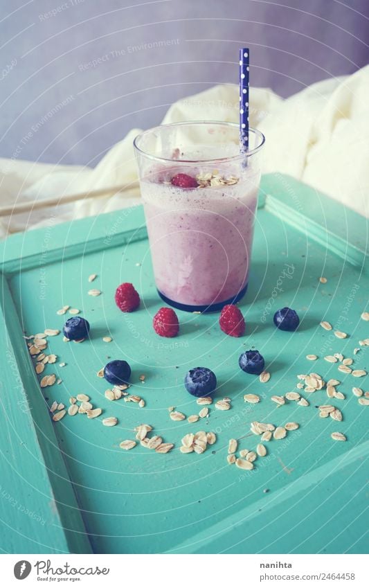 Delicious smoothie of berries and oat flakes Fruit Grain Nutrition Breakfast Organic produce Vegetarian diet Beverage Cold drink Juice Milk Milkshake