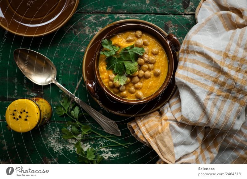 Chickpea soup Soup Vegan diet Vegetarian diet Chickpeas Coriander Spoon Food Nutrition Diet Fresh Bowl Food photograph Healthy Eating Rustic Wood Table Salt