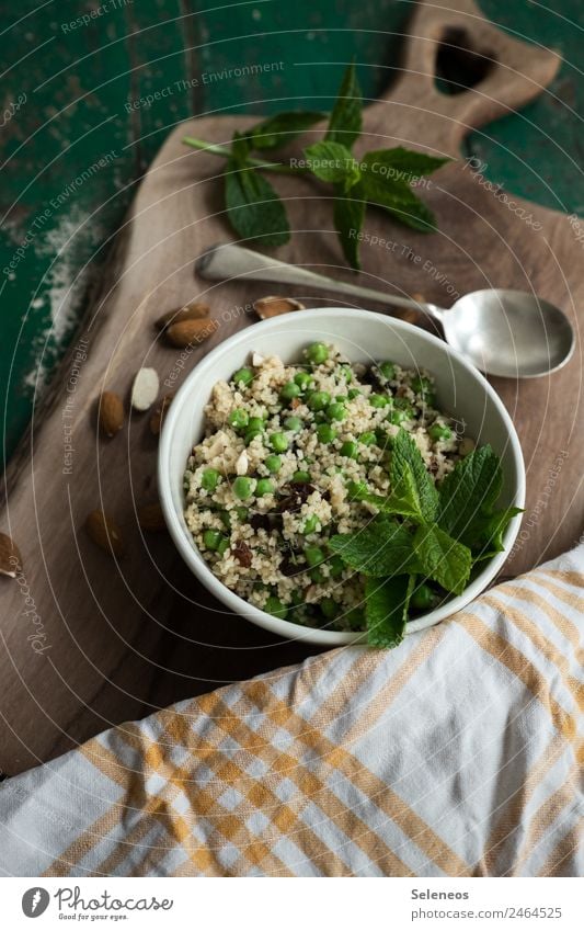 veganuary Nutrition Vegetarian diet vegetarian Vegan diet Mint couscous Lettuce Peas Almond Spoon Vegetable Food Diet Healthy Eating Food photograph Bowl Dish