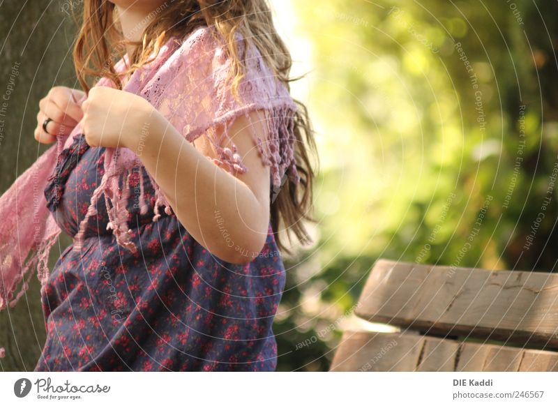 warm breeze Human being Feminine Friendship Stomach 1 Nature Summer Beautiful weather Park Dress Scarf Brunette Relaxation Natural Blue Brown Multicoloured