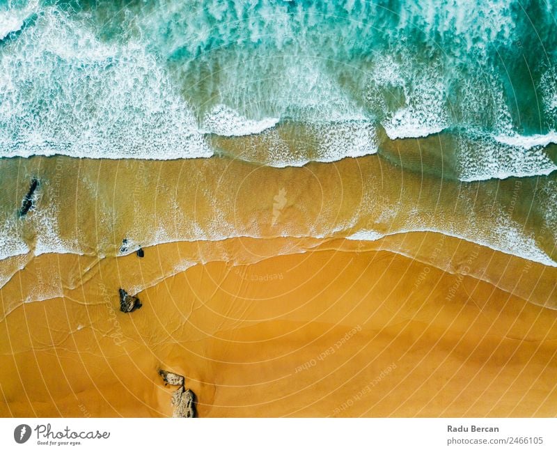 Aerial Panoramic Drone View Of Blue Ocean Waves And Beautiful Sandy Beach in Portugal Aircraft Abstract Vantage point Top Water Nature seascape