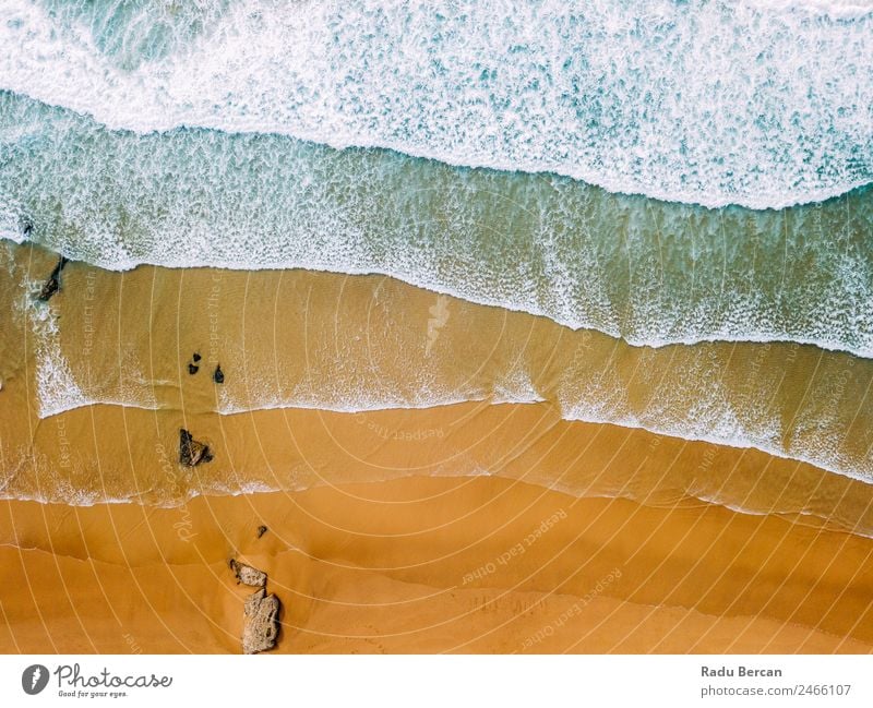 Aerial Panoramic Drone View Of Blue Ocean Waves And Beautiful Sandy Beach in Portugal Aircraft Abstract Vantage point Top Water Nature seascape