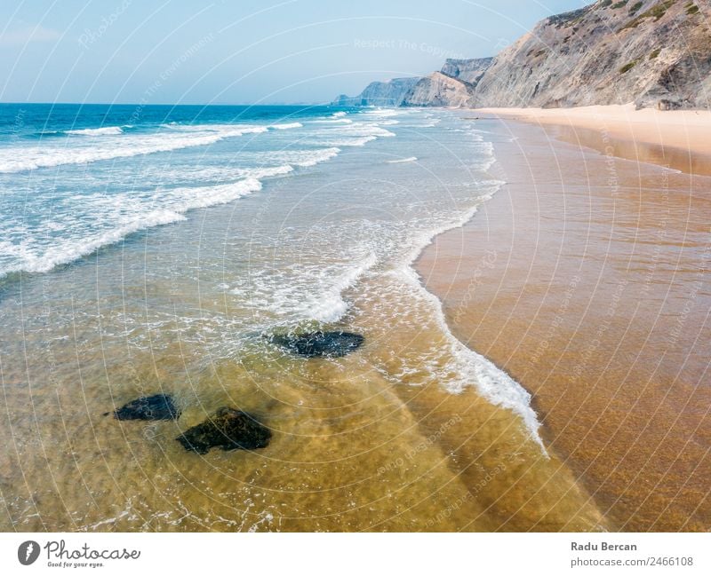 Aerial Panoramic Drone View Of Blue Ocean Waves And Beautiful Sandy Beach in Portugal Aircraft Abstract Vantage point Top Water Nature seascape