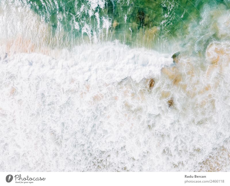 Aerial Panoramic Drone View Of Blue Ocean Waves Crushing On Sandy Beach in Portugal Aircraft Abstract Vantage point Top Water Nature Beautiful seascape