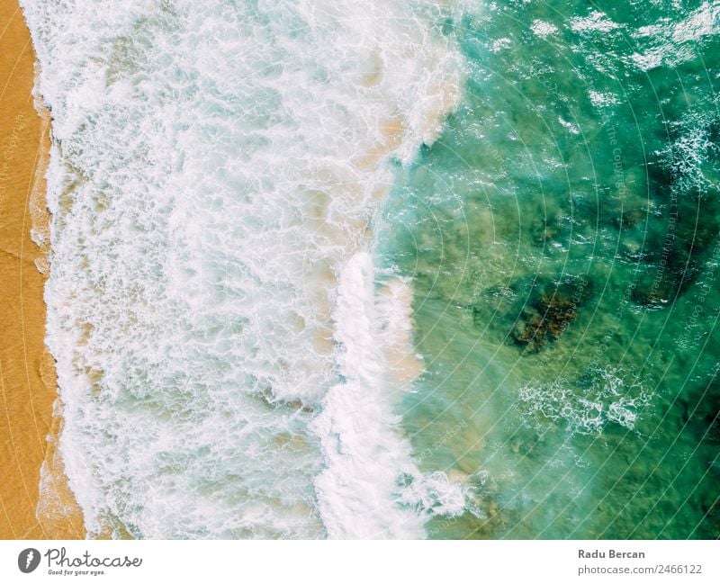 Aerial Panoramic Drone View Of Blue Ocean Waves Crushing On Sandy Beach in Portugal Aircraft Abstract Vantage point Top Water Nature Beautiful seascape