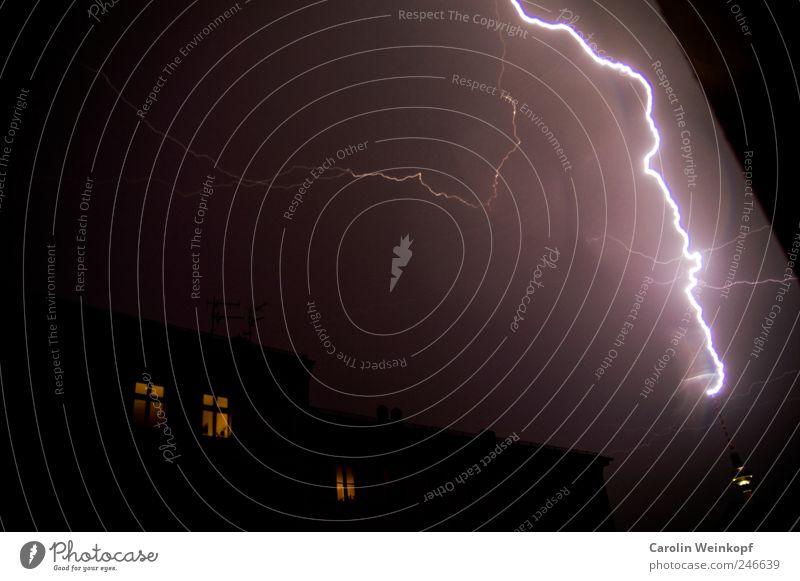 Baa! Night sky Thunder and lightning Lightning Town Downtown Window Berlin TV Tower Aggression Dark Bright Tall Blue Violet Pink Red Power Fear Colour photo