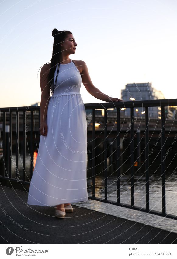 Nikoliya Feminine Woman Adults 1 Human being Sky Sunrise Sunset Beautiful weather Hamburg High-rise Bridge Bridge railing Dress Hair and hairstyles Brunette