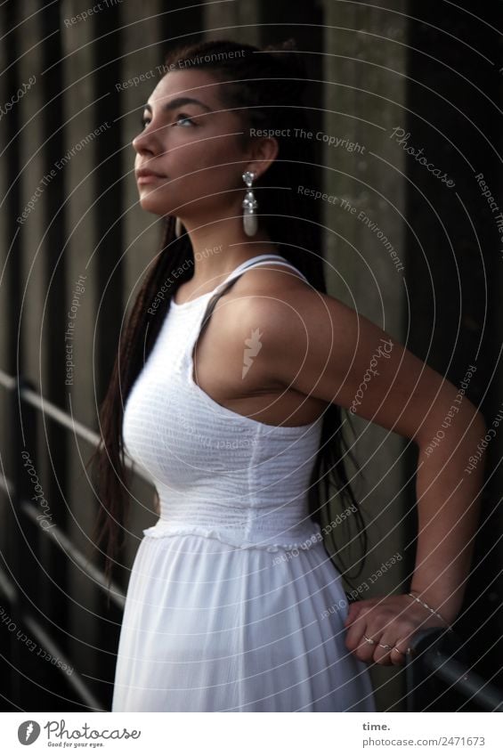 Woman in white dress Feminine Adults 1 Human being Wall (barrier) Wall (building) Harbour Bridge railing Dress Earring Brunette Long-haired Braids Observe