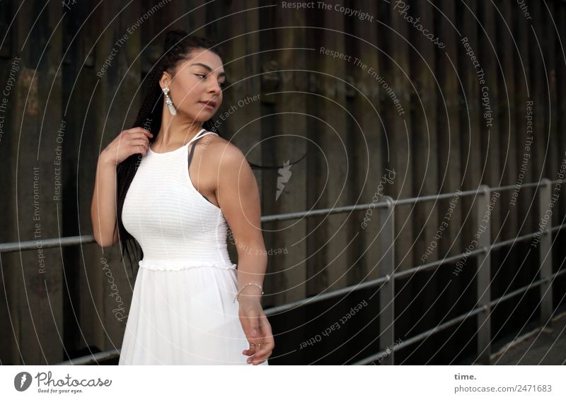 Nikoliya Feminine Woman Adults 1 Human being Wall (barrier) Wall (building) Bridge railing Harbour Dress Earring Brunette Long-haired Braids Observe Movement