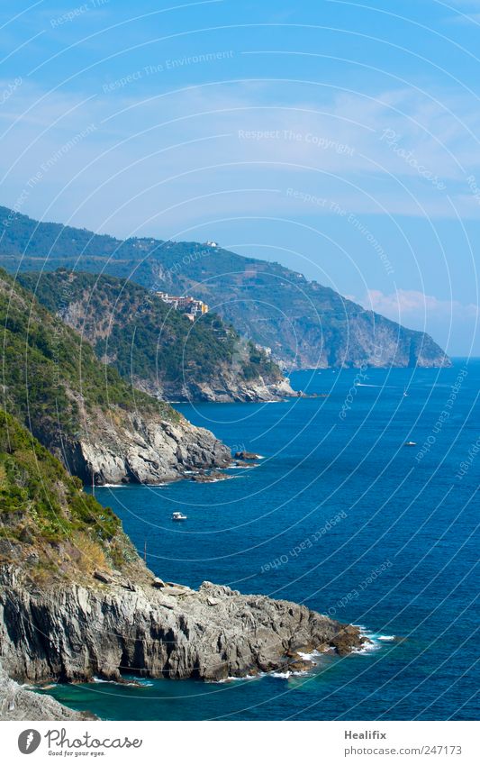 Italia Vacation & Travel Tourism Summer Ocean Hiking Landscape Water Sky Beautiful weather Bushes Hill Rock Waves Coast Bay Mediterranean sea Vernazza