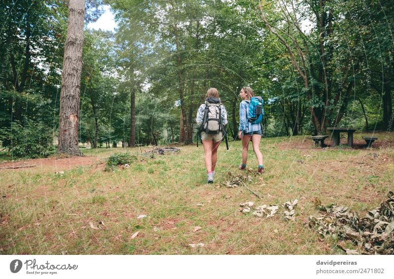 Two women friends with backpacks walking Lifestyle Joy Happy Leisure and hobbies Vacation & Travel Trip Adventure Camping Summer Mountain Hiking Sports