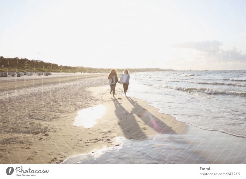 infinitely Well-being Human being Friendship 2 Sand Horizon Summer Waves Coast Beach Baltic Sea Walking Free Infinity Bright Yellow Pink Happy Together Life