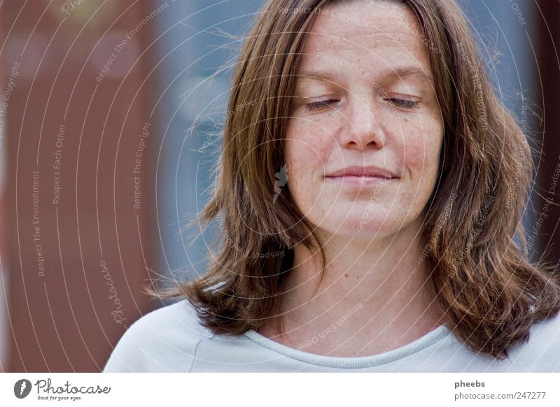 Closed Woman Portrait photograph Eyes Nose Face Exterior shot Calm Motionless Friendliness Shallow depth of field Blue Gray