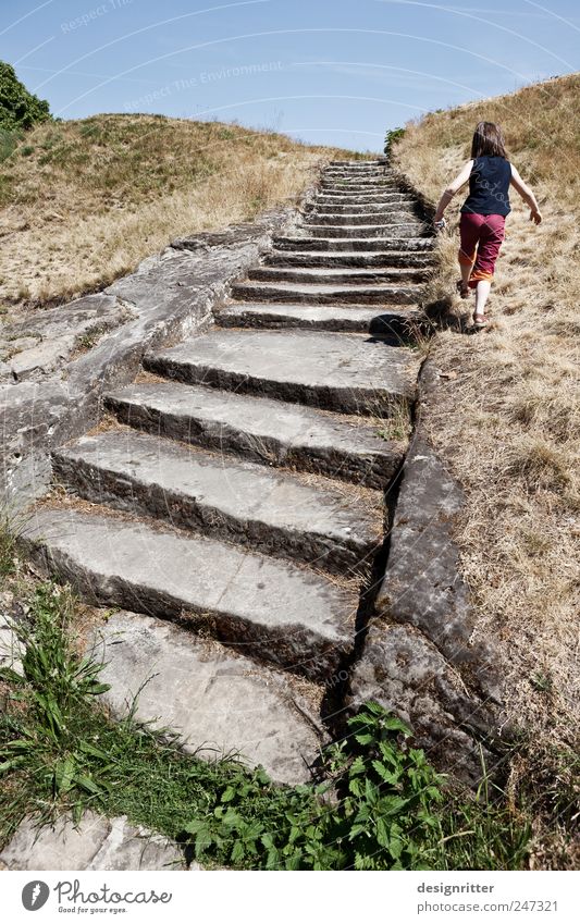 Own ways Trip Freedom Summer Summer vacation Human being Child Girl Beautiful weather Rock Ruin Walking Playing Jump Hiking Brash Happiness