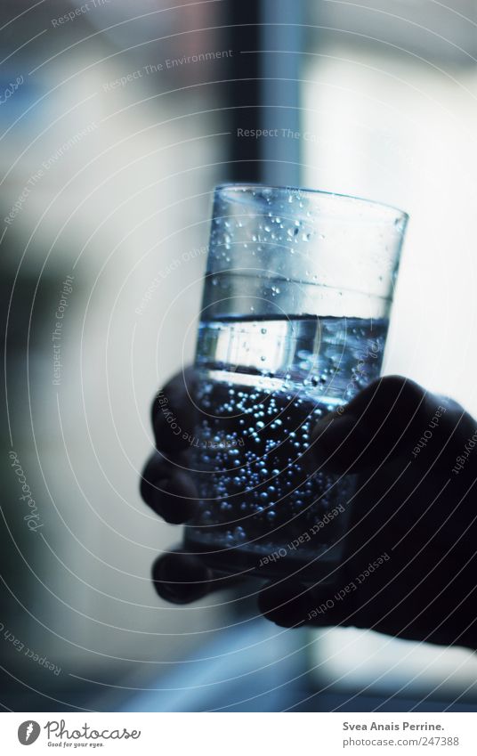 the water glass. Hand Fingers Tumbler Glass Mineral water Drops of water Water To hold on Cold Thirst Colour photo Subdued colour Interior shot Deserted Light