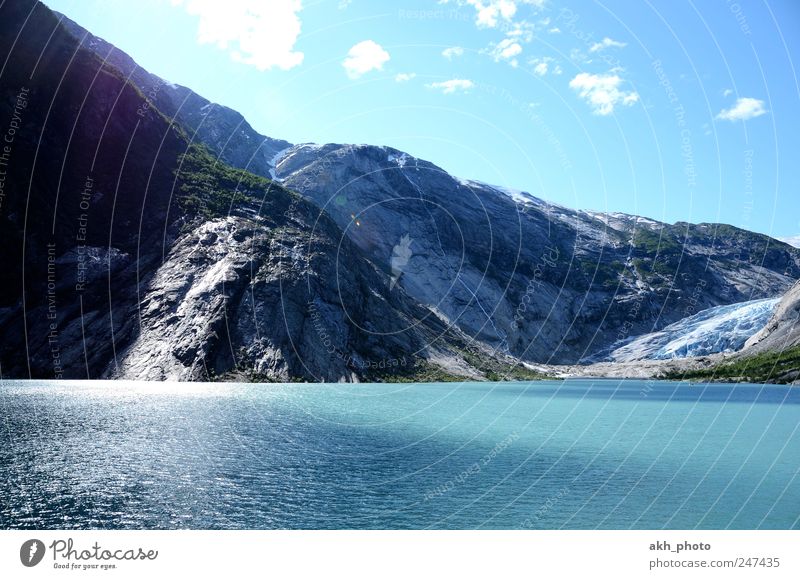 glacier tongue Landscape Water Sky Sunlight Summer Beautiful weather Mountain Glacier Lake glacial lake Glacier tongue Cold Blue Gray White Turquoise Norway