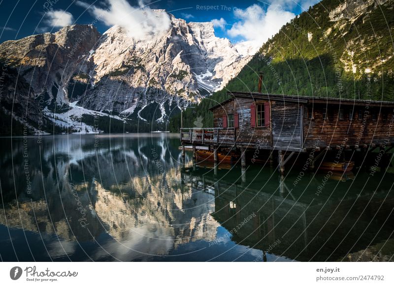 first clouds Vacation & Travel Tourism Trip Adventure Freedom Summer Summer vacation Mountain Nature Landscape Alps Dolomites Peak Lake Pragser Wildsee Lake