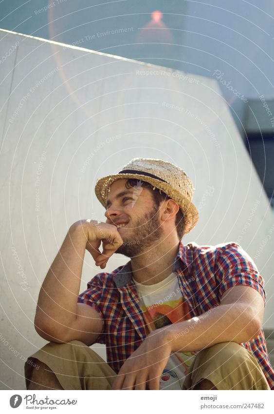 hang out Masculine Young man Youth (Young adults) 1 Human being 18 - 30 years Adults Summer Hat Straw hat Easygoing Relaxation Smiling Laughter Lens flare