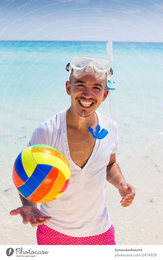 Summer holidays, man with snorkel and volley ball. Lifestyle Fitness Freedom Beach Sports Human being Homosexual 1 18 - 30 years Youth (Young adults) Adults