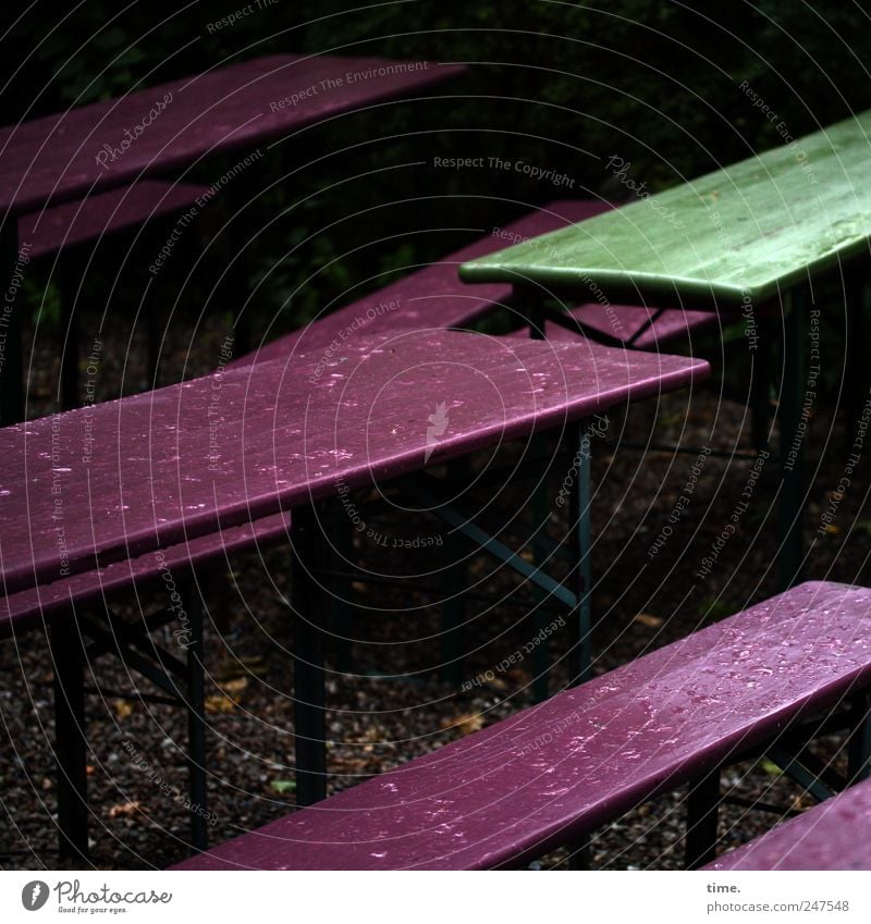 Garden without beer and Lukow Drops of water Rain Dark Wet Green Loneliness Bench Rainwater Damp Aubergine unmanned forsake sb./sth. Beer garden Colour photo