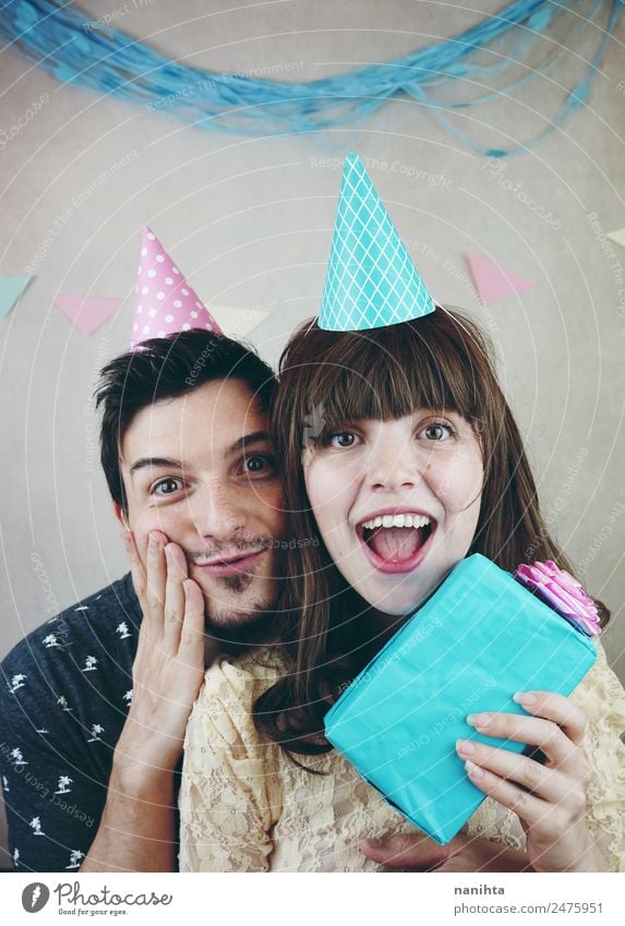 Young happy couple celebrating a birthday Lifestyle Joy Wellness Party Feasts & Celebrations Valentine's Day Birthday Human being Masculine Feminine Young woman