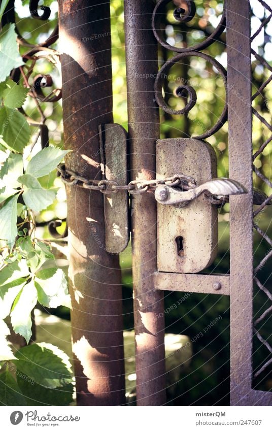 Secret I. Plant Esthetic Mystic Mysterious Gate Dark Garden door Door Closed Secret passageway Hard Chain Fantastic Crime thriller Rust Old Mirkwood Bans