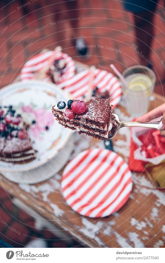 Woman with piece of cake in a summer party Dessert Plate Lifestyle Joy Happy Leisure and hobbies Summer Garden Feasts & Celebrations Adults Friendship Hand