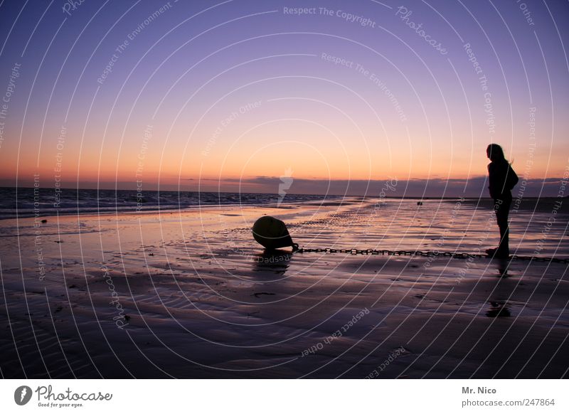 anklet Girl Nature Cloudless sky Summer Weather Beautiful weather Beach North Sea Happy Joie de vivre (Vitality) Calm Far-off places Buoy Horizon Low tide Moody