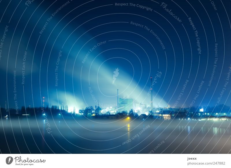 fiery Water Sky River bank Industrial plant Factory Cold Environmental pollution Colour photo Exterior shot Night Reflection Long exposure Deep depth of field