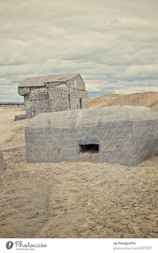 Bunker idyll 1 Landscape Bad weather Coast Beach North Sea Denmark Manmade structures Dark Sharp-edged Dugout Day Deep depth of field