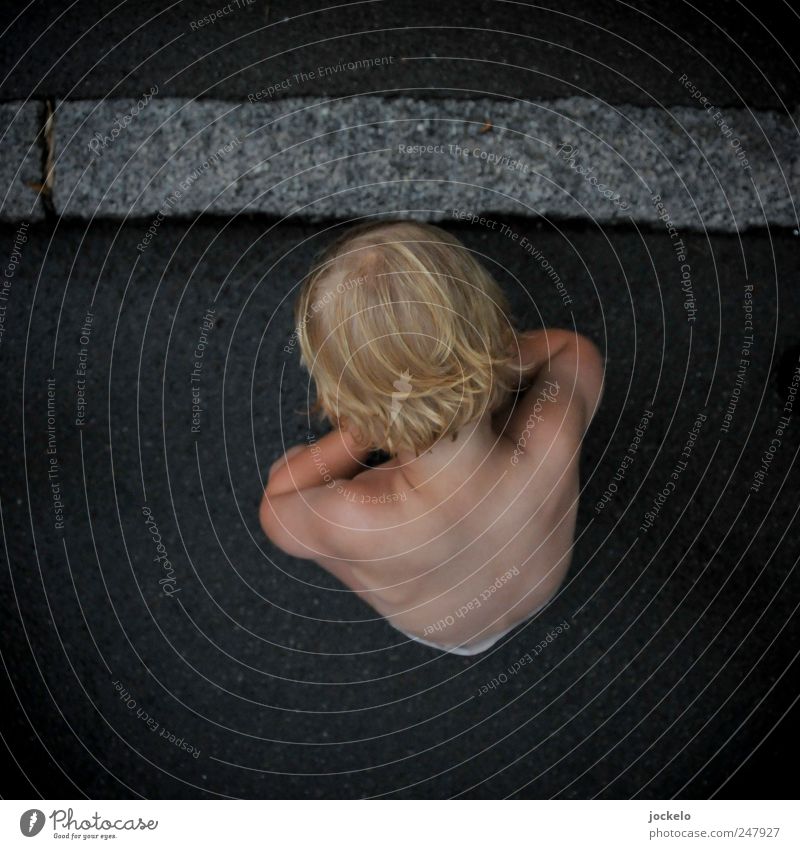 Sit! Human being Masculine Toddler Infancy 1 - 3 years Brash Wet Natural Black Asphalt Pavement Nappy Blonde Colour photo Exterior shot Day Contrast Full-length