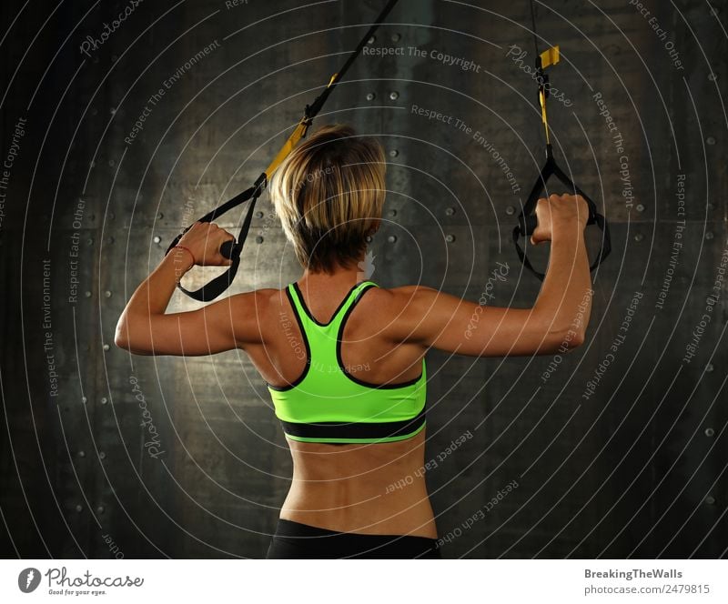 Rear view portrait of one young athletic woman at crossfit training, exercising with trx suspension fitness straps over dark background Lifestyle Sports Fitness