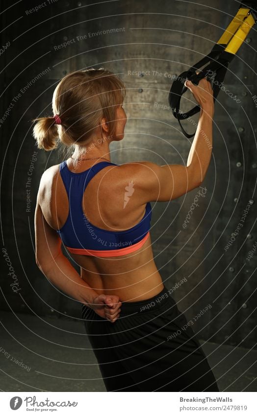 Rear view portrait of one young middle age athletic woman at crossfit training, exercising with trx suspension fitness straps over dark background Lifestyle