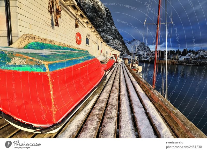 Small fishing boats upon wooden pier. Hamnoy-Lofoten-Norway-0232 Fish Seafood Fishing (Angle) Vacation & Travel Tourism Sun Snow Winter vacation Mountain Hiking