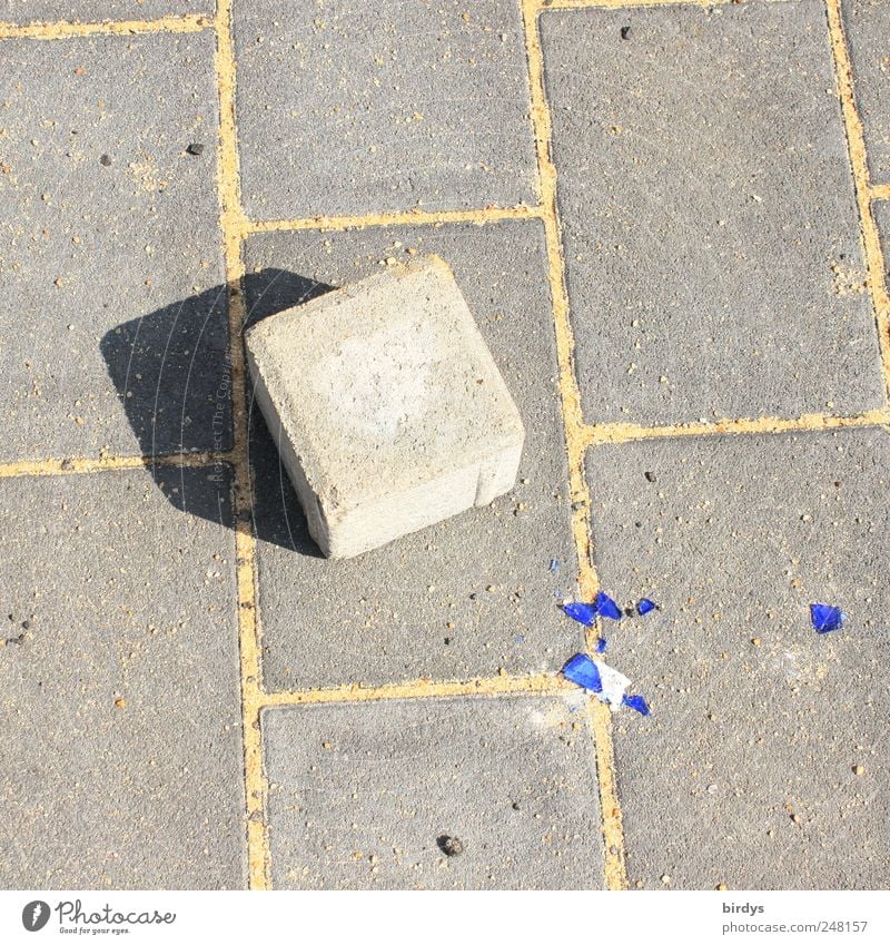 universal tool Stone Concrete Lie Broken Blue Gray Aggression Aggravation Destruction 1 Paving stone Cuboid Rectangle Line Shadow Shard Seam Sidewalk