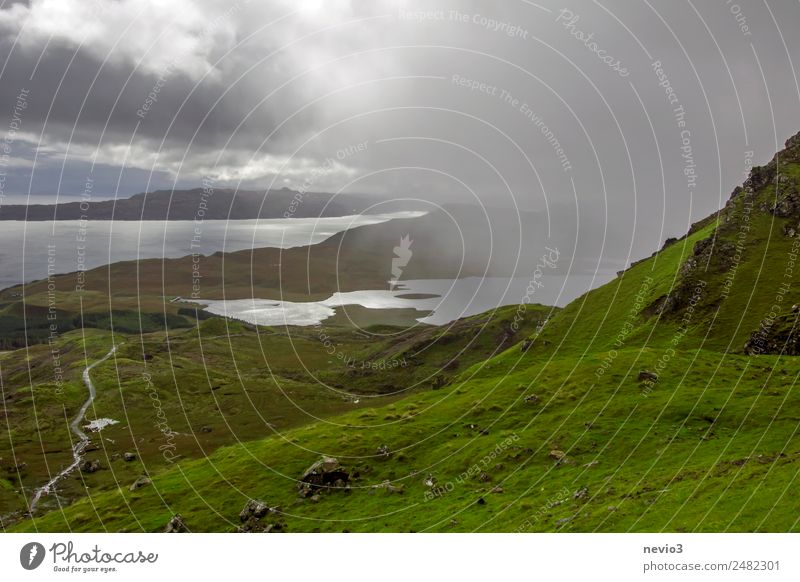 downpour Nature Landscape Grass Green Rain Rainwater Raincloud Grassland Grass meadow Grassy plains Mountain Hill Hiking Lake Far-off places Clouds