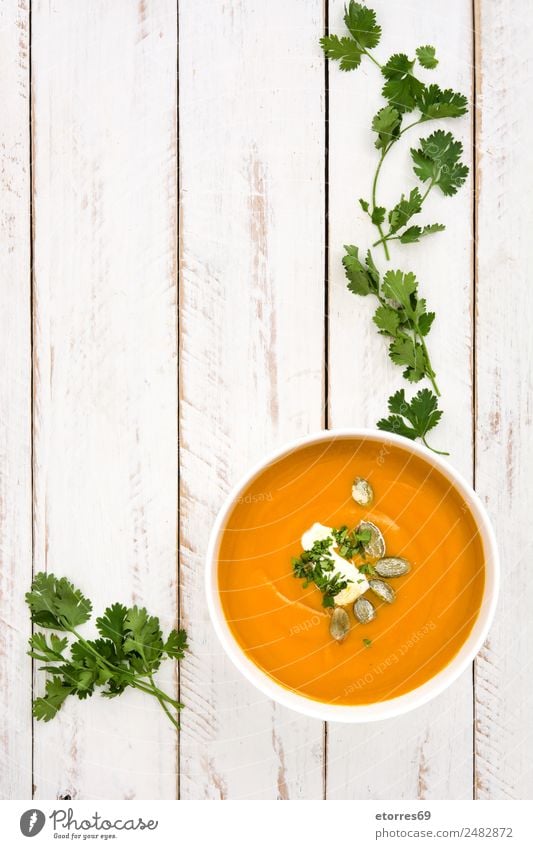 Pumpkin soup Vegetable Soup Stew Nutrition Lunch Bowl Thanksgiving Hallowe'en Fresh Healthy Good Green Orange White Creamy Food Autumn Vegetarian diet