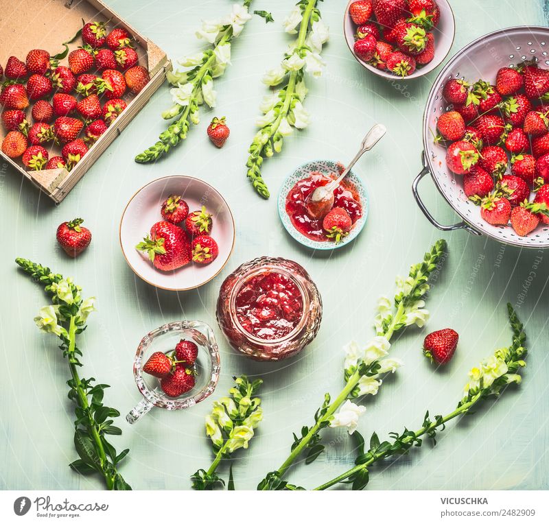 Homemade strawberry jam on the kitchen table with berries Food Dessert Jam Nutrition Organic produce Crockery Bowl Pot Glass Style Design Healthy Healthy Eating