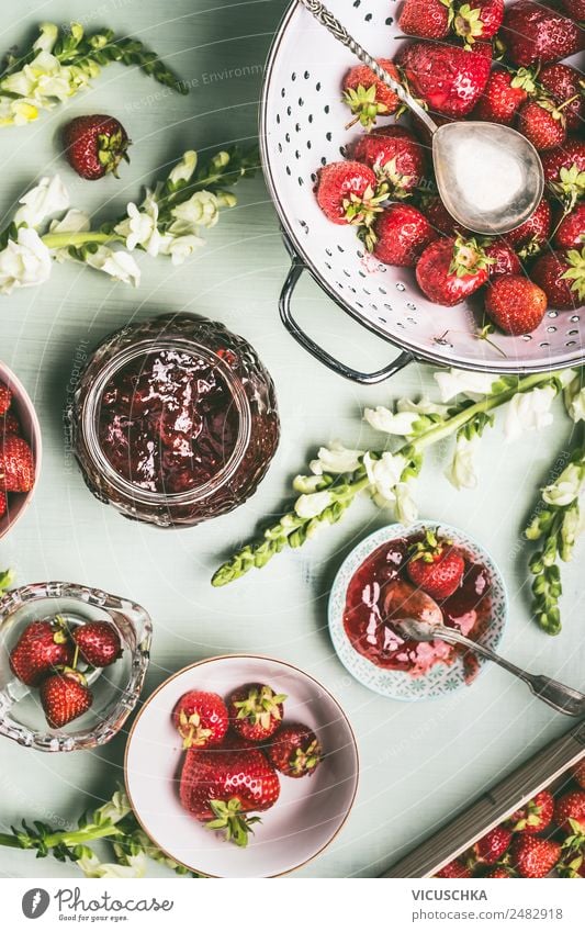 Fresh strawberries in a sieve and jam in a jar Food Fruit Dessert Jam Nutrition Organic produce Vegetarian diet Crockery Style Design Healthy Healthy Eating