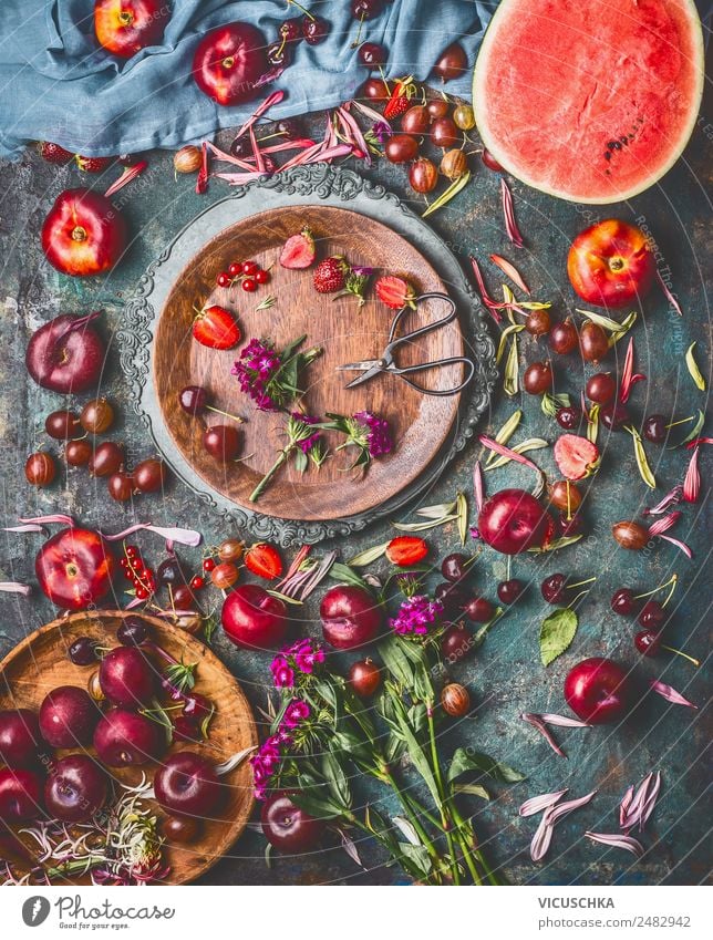 Selection of summer berries and fruit on the kitchen table Food Fruit Dessert Nutrition Organic produce Vegetarian diet Crockery Plate Bowl Style Design Healthy