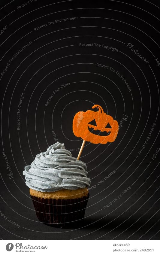 Halloween cupcake Cake Dessert Candy Hallowe'en Sweet Gray Orange Black Fear Cupcake Pumpkin Food Creamy Butter Copy Space Seasons Funny Baked goods Home-made