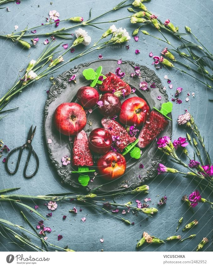 Plate with fruit, ice cream and garden flowers Food Fruit Ice cream Nutrition Style Design Healthy Eating Summer Living or residing Table Flower Still Life