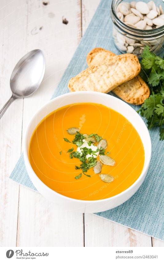 Pumpkin soup Bread Soup Stew Bowl Healthy Good Natural Orange Food Vegetarian diet Vegan diet Seed Thanksgiving Cream Vegetable Dinner Diet Colour photo