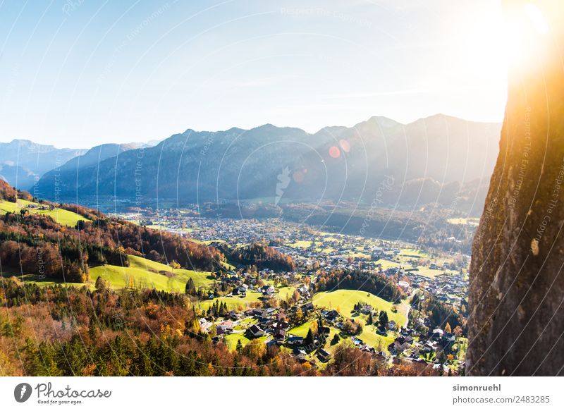 Just a beam Nature Landscape Cloudless sky Sun Autumn Beautiful weather Alps Mountain Austria Village Esthetic Yellow Peaceful Freedom Contentment Happy