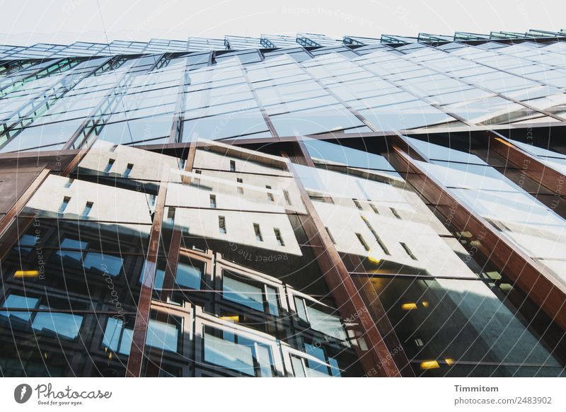 facades Netherlands Town High-rise Architecture Facade Wood Glass Metal Esthetic Blue Brown Yellow Window Double exposure Colour photo Exterior shot Deserted