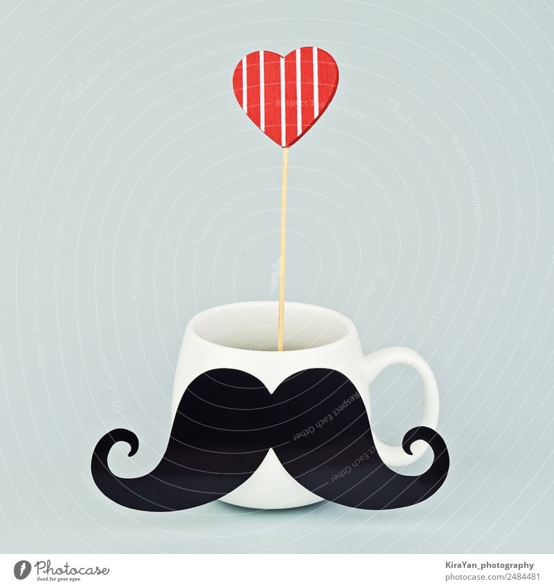 White mug with black mustache and red heart Coffee Lifestyle Style Design Happy Decoration Feasts & Celebrations Masculine Man Adults Parents Father