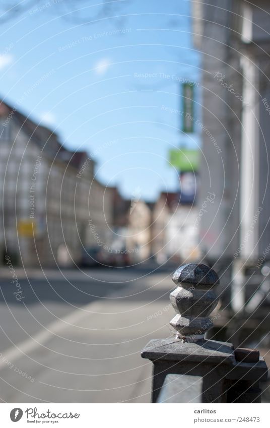 Knobbel on Pömpel Beautiful weather Downtown Deserted House (Residential Structure) Street Old Half-timbered house Blur Pole Decoration Wrought iron Handrail