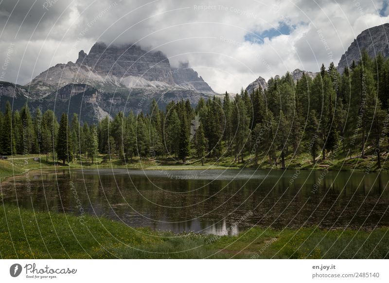 concealment Vacation & Travel Trip Mountain Nature Landscape Plant Clouds Storm clouds Climate Bad weather Forest Rock Alps Dolomites Three peaks Lakeside Italy