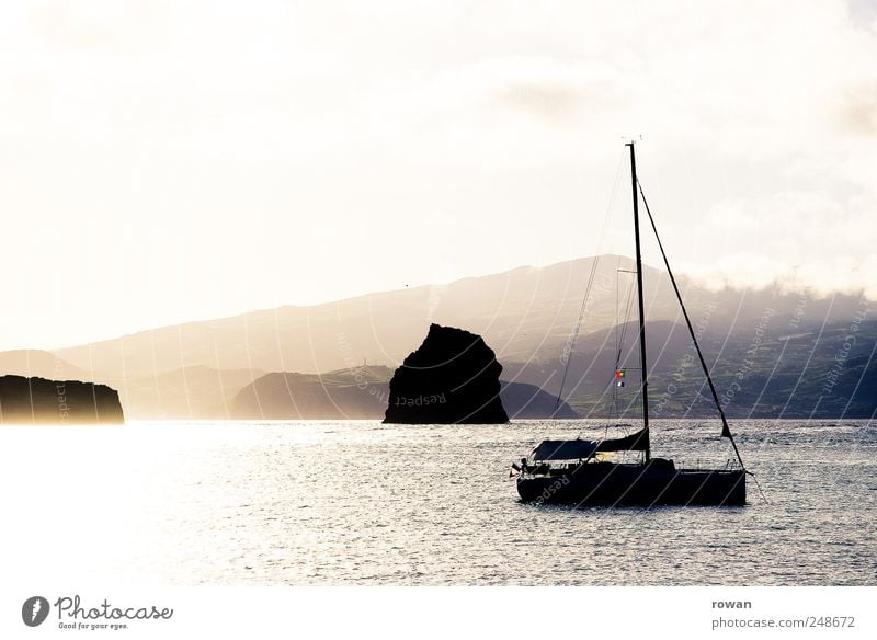 in the morning by the sea Environment Landscape Water Sky Clouds Beautiful weather Hill Mountain Waves Coast Lakeside Bay Fjord Ocean Navigation Sport boats