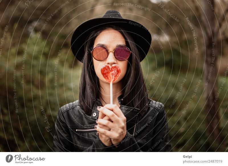 Fashion girl hipster with sunglasses Diet Style Happy Beautiful Face Human being Woman Adults Clothing Jacket Leather Hat Brunette Heart Think Hip & trendy Cute